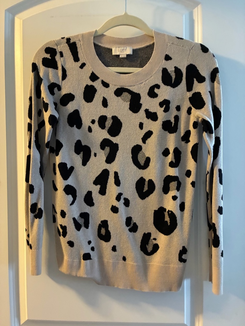 LOFT Beige and Black Leopard-Print Crewneck Sweater